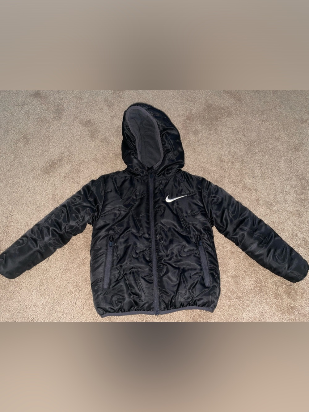 Nike Kids Black Hooded Quilted Puffer Jacket with White Swoosh